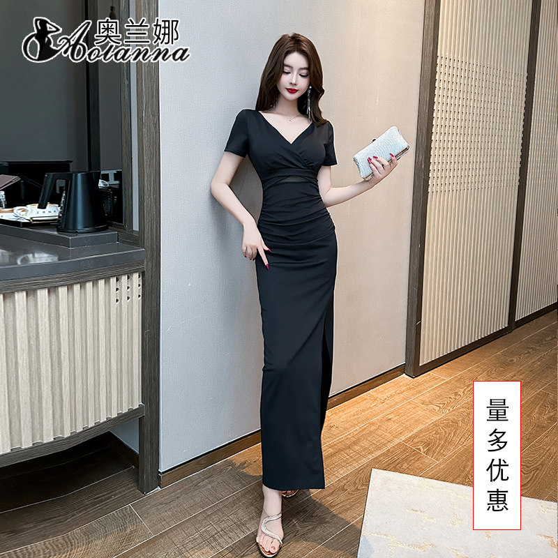 夜场深v性感连衣裙足浴足疗按摩技师服修身纯色长款晚礼服spa工衣