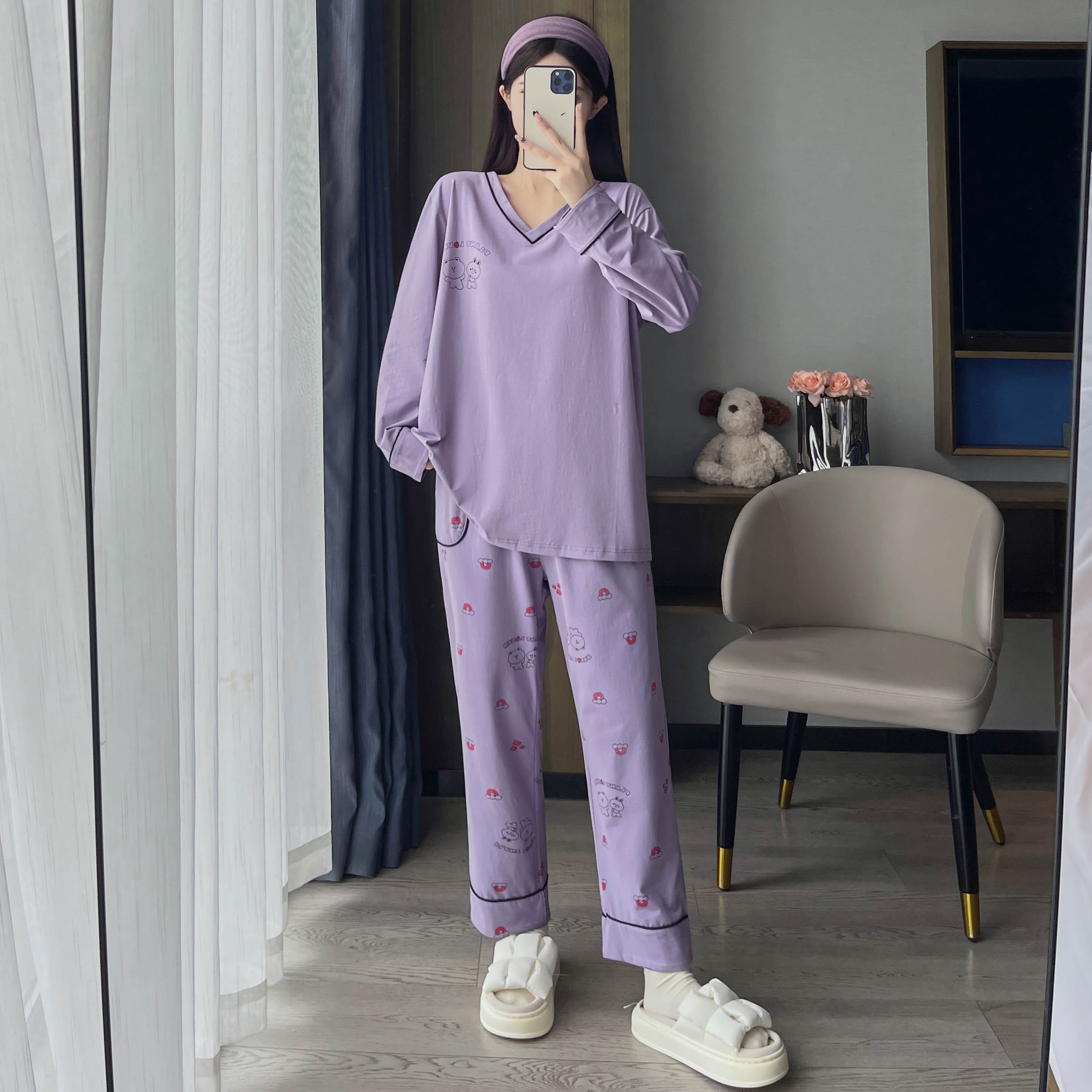 春秋季加大码睡衣女200斤V领纯棉长袖长裤宽松胖mm卡通家居服套装