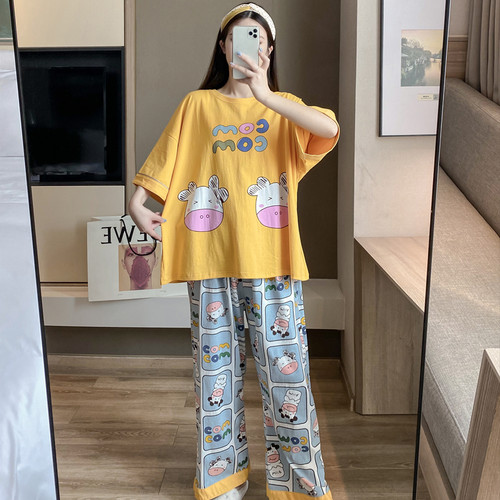 夏季纯棉卡通奶牛睡衣女200斤短袖长裤大码胖mm宽松家居服两件套
