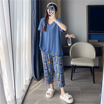 春夏季V领加肥大码短袖七分裤睡衣女200斤纯棉卡通薄款宽松两件套