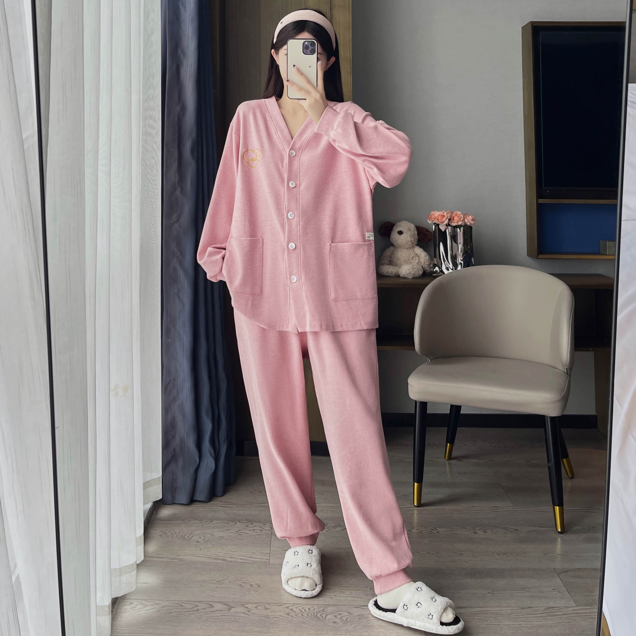 春秋季开衫V领纯棉睡衣女宽松加大码200斤长袖长裤胖mm加厚家居服