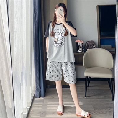 纯棉短袖加大码200斤睡衣女夏季薄款加肥宽松卡通可爱家居服套装