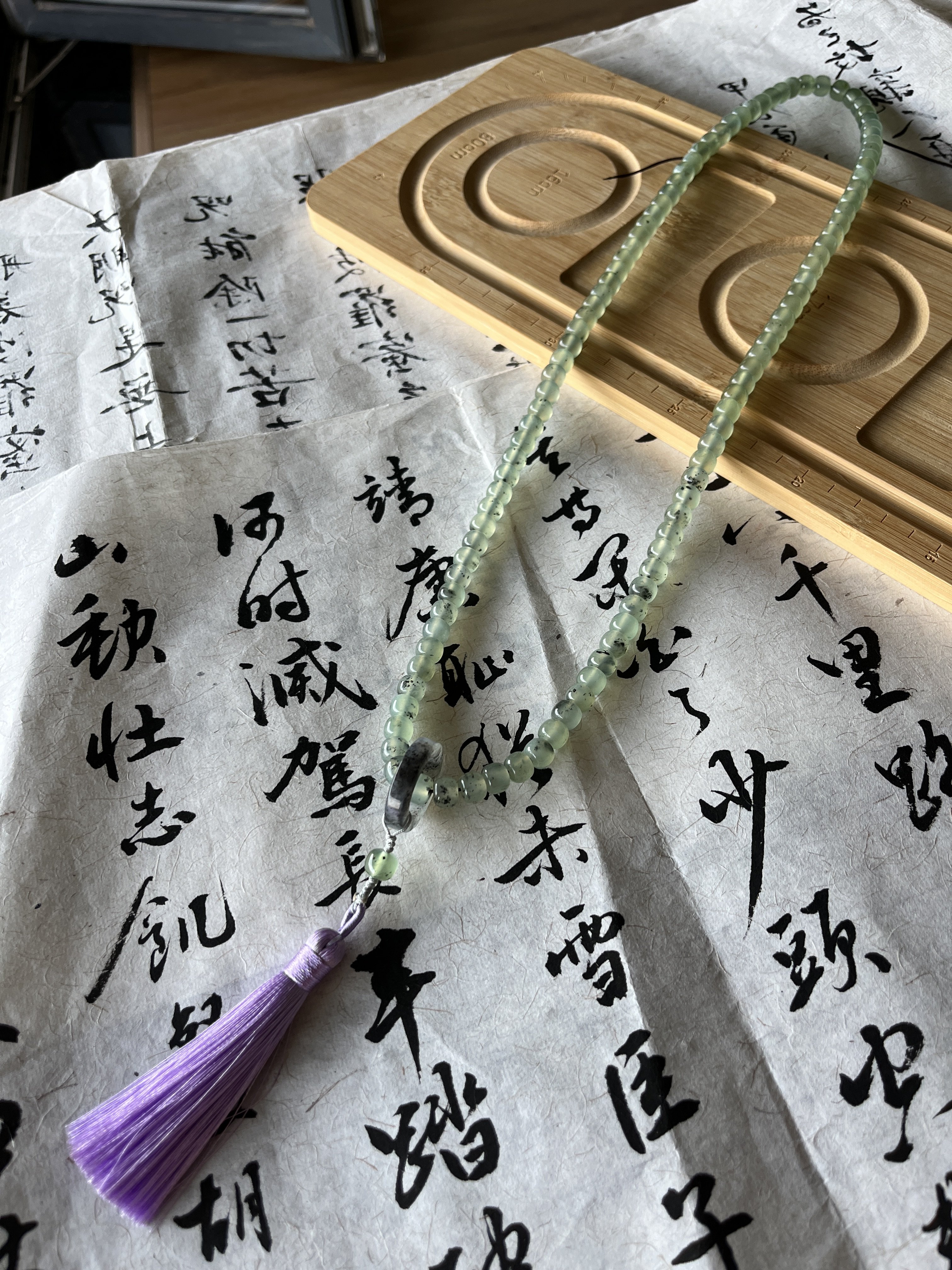 岫玉项链108粒佛珠项链玉石多圈手串水墨玉卡8老型珠珠链流苏款