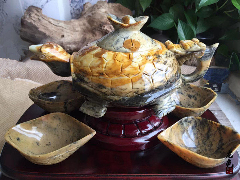 岫玉茶具龙龟摆件套装花玉茶台用具玉石茶房用品五件套福利处理