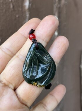 河磨玉竹子吊坠析木绿带皮玉坠手工玉石颈饰男女深色透闪石玉福利