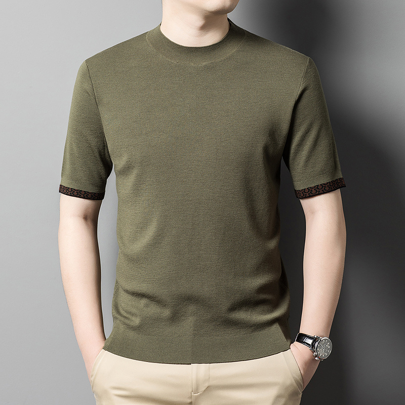短袖t恤男春秋季精纺纯羊毛衫覆古休闲 半高领男装中袖打底针织衫