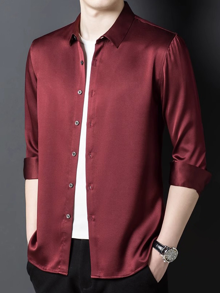 2025春秋季新款桑蚕丝长袖衬衫男式纯色厚丝衬衫商务休闲高级男装