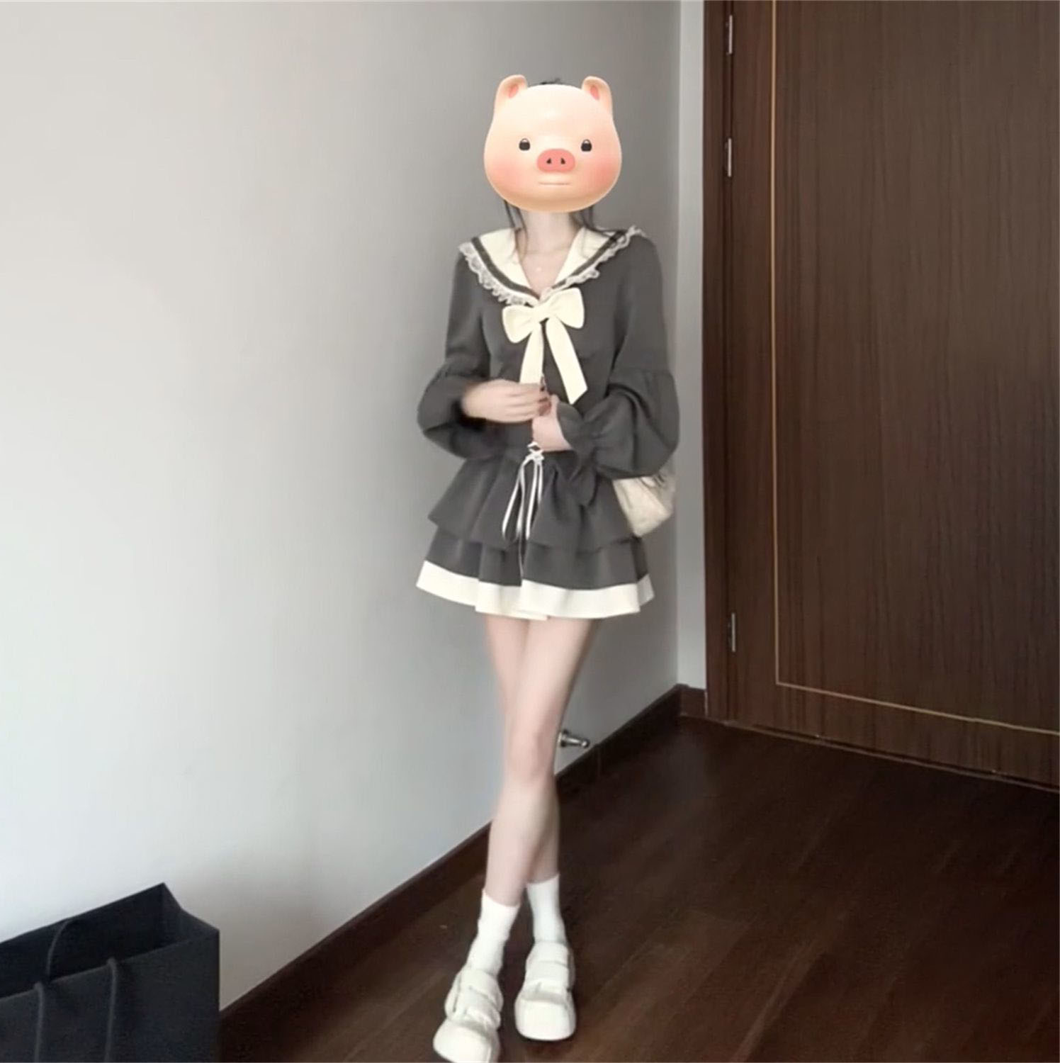 韩版学院风海军领蝴蝶结上衣搭配绑带拼接高腰半身短裙穿搭一整套