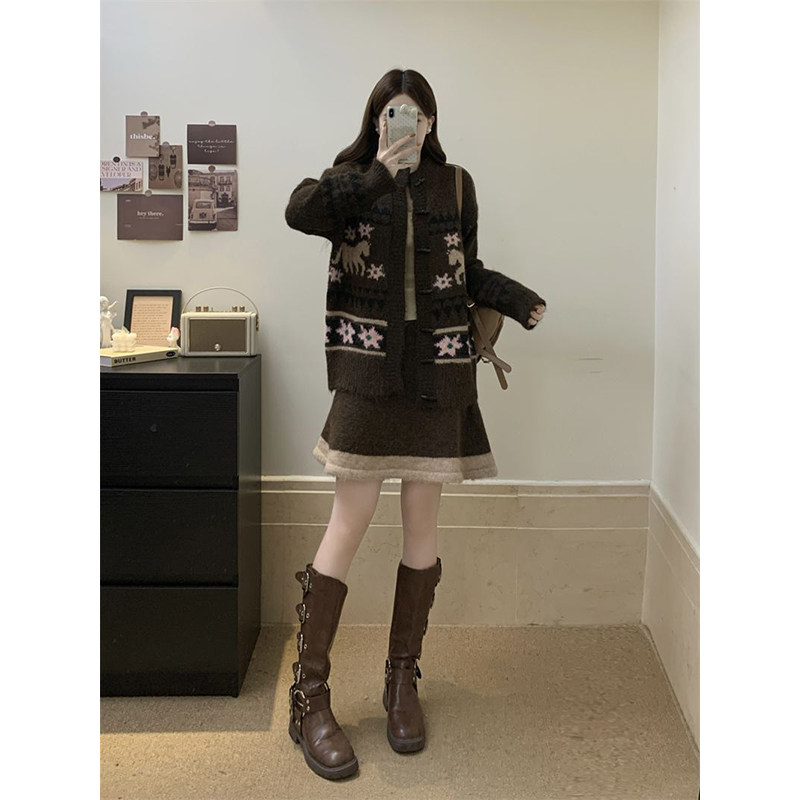 小众套装复古费尔岛提花牛角扣针织开衫毛衣半身裙秋冬两件套女装,女装/女士精品,时尚套装,淘宝优惠券,粉丝福利购,淘宝优惠卷