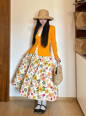小众甜美温柔橘色系带针织开衫女橙色花朵显瘦高腰半身裙两件套装