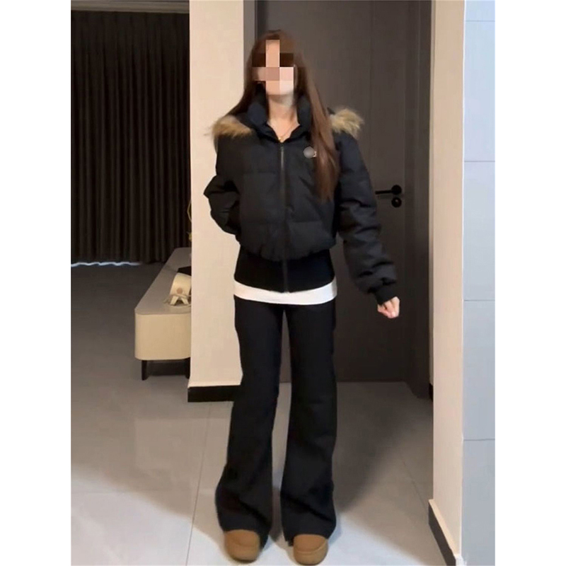 美式百搭遮肉收腰显瘦黑色毛领连帽棉服外套女韩版短款加厚面包服