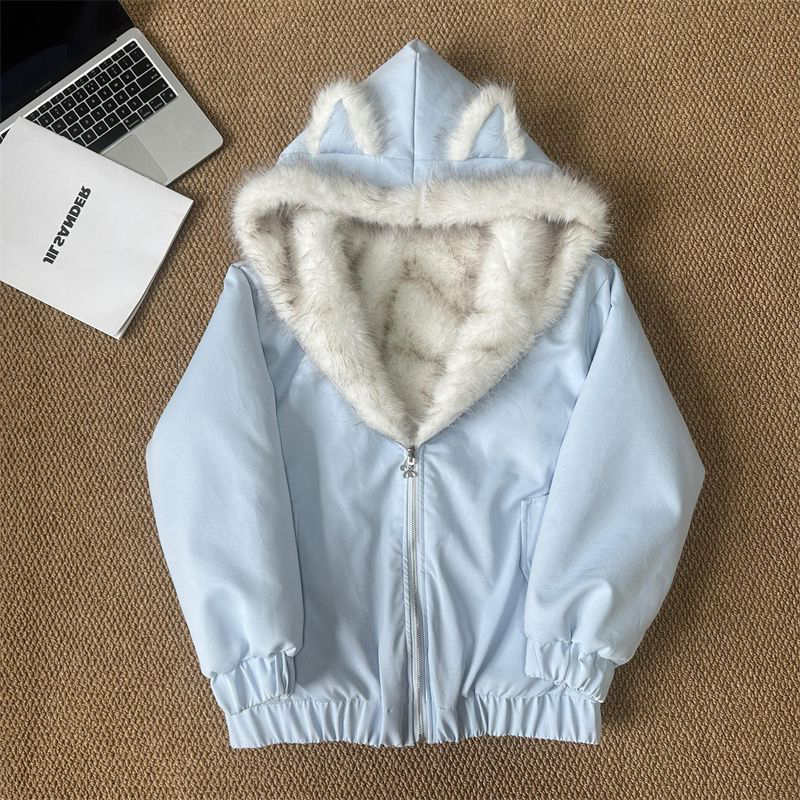 双面穿毛茸茸猫耳朵蓝色连帽棉服