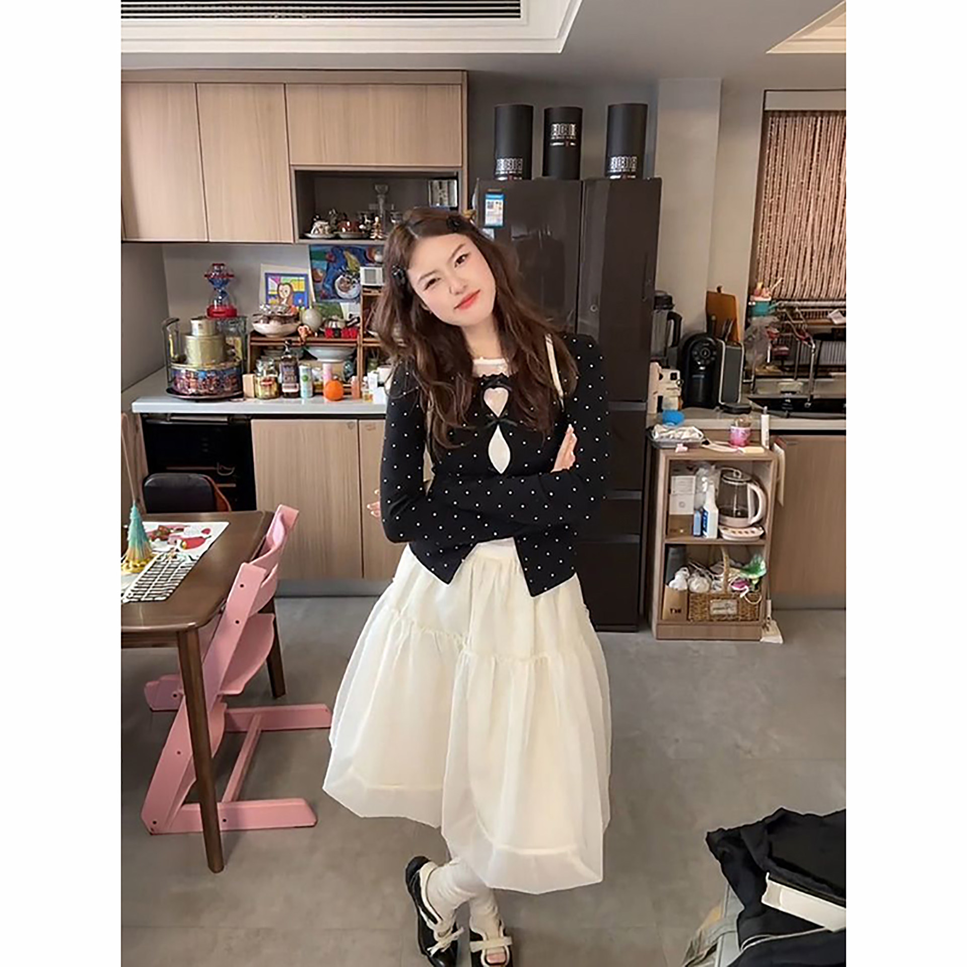 小众两件套装黑色波点蕾丝拼接假两件长袖T恤女高腰松紧a字花苞裙