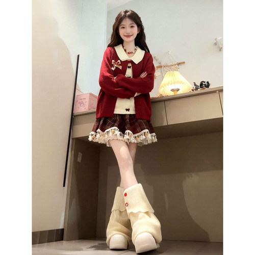 毛衣开衫女红色格纹流苏边短裙