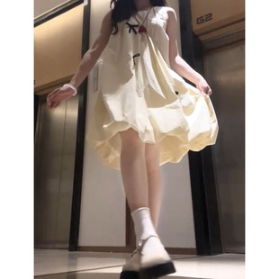 小个子甜美风黄色无袖 高级感漂亮蝴蝶结背心花苞短裙女夏季 连衣裙