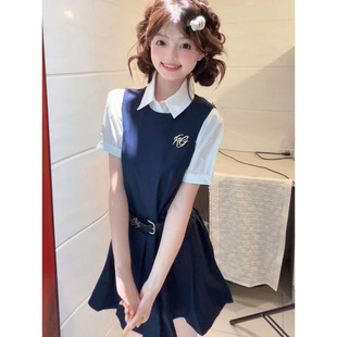上衣两件套 百搭学院风时尚 藏青色百褶背心裙夏季 女POLO领衬衫 短袖
