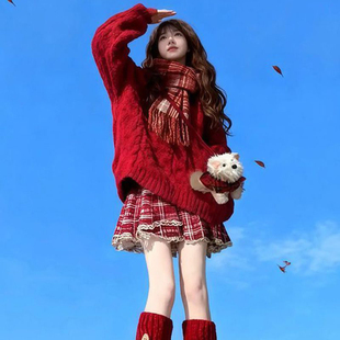 小众高级宽松麻花针织毛衣甜美少女冬季 圣诞红格纹半身裙两件套