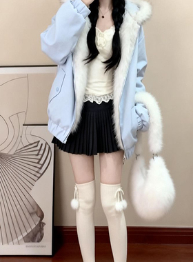 小众可爱蓝色猫耳朵毛领连帽双面可穿棉服女冬季新款宽松保暖棉衣