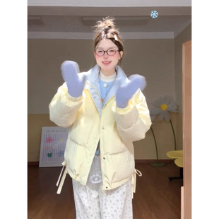 百搭奶黄色立领蝴蝶结短款棉服外套女小众独特加厚保暖面包服棉衣