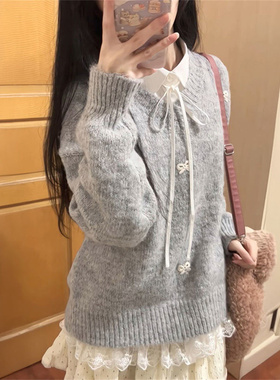 灰色蝴蝶结立体刺绣软糯毛衣加厚针织衫秋冬甜美可爱叠穿白色衬衫