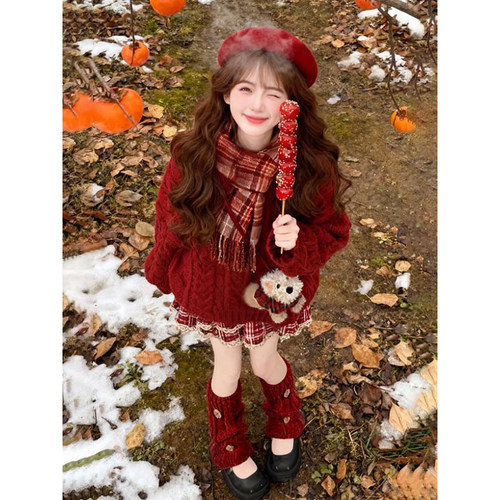 红色系圣诞格纹半身短裙两件套