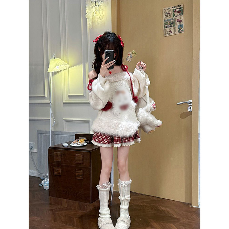 毛茸茸设计感毛衣格纹半身短裙