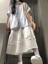套装/单件夏季日系风格穿搭小个子蓝色半袖衬衫女学生+高腰半身裙