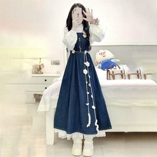 杏色衬衫 学院风水洗牛仔背带裙女学生搭配长袖 穿搭一整套 韩版 秋季