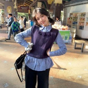 两件套装 2026韩系学院风针织毛衣马甲针织衫 背心叠穿蓝色格纹衬衫