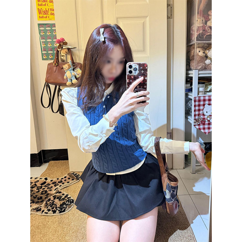 气质时尚甜美麻花针织马甲毛衣+米白色衬衫+黑色花苞短裙三件套装