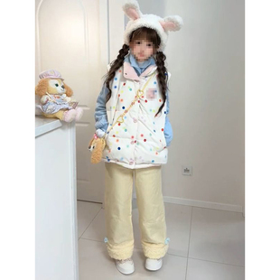 清纯百搭立领羊羔毛彩虹波点棉服马甲外套女冬季 蓝色毛衣两件套装