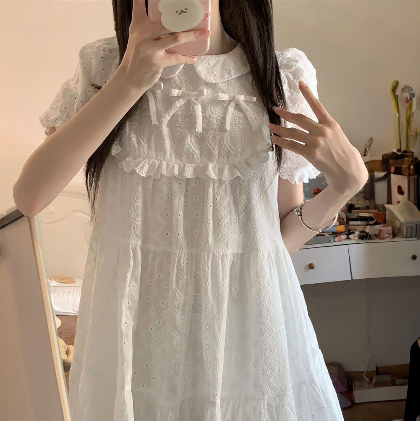 休闲温柔风蝴蝶结娃娃领短袖连衣裙女学生夏季宽松显瘦初恋小白裙