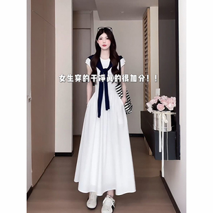 白色针织拼接连衣裙女 搭配披肩 简约通勤短袖 小众独特一整套韩版