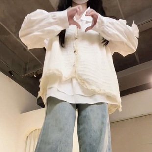 搭配吊带针织开衫 衬衫 白色娃娃领长袖 甜美高级感早秋穿搭套装