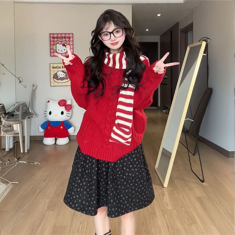 2025新年红色系高领麻花针织软糯套头毛衣+松紧腰碎花短裙两件套