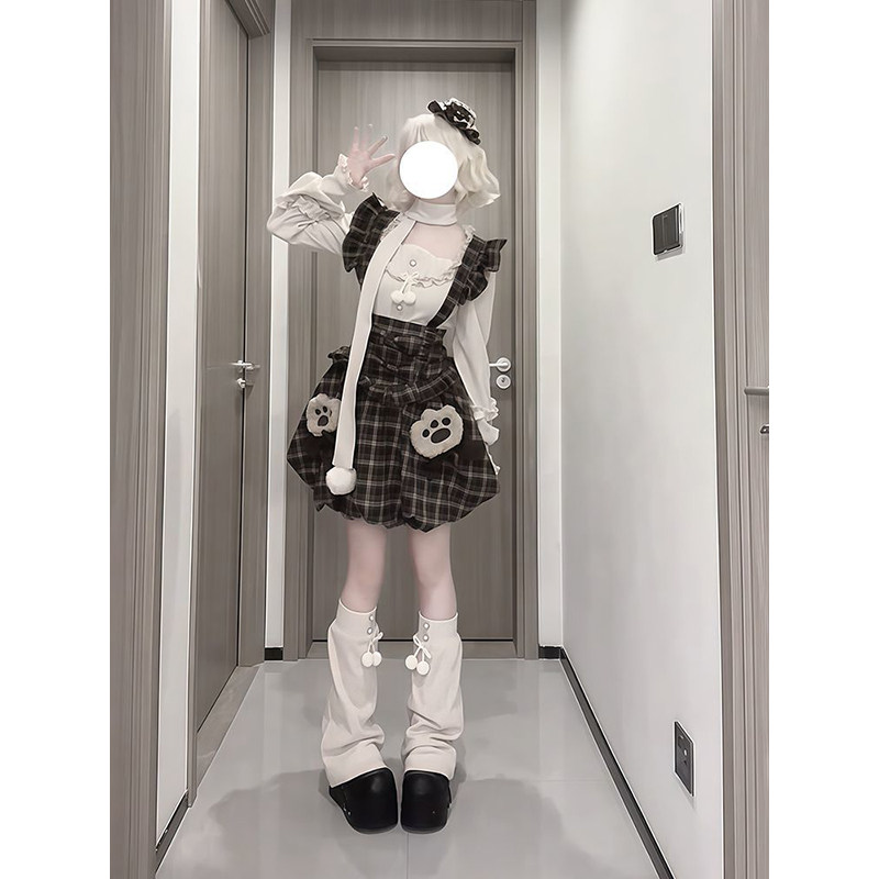 2026气质可爱软妹风花苞背带连衣裙叠穿方口领木耳边上衣两件套装,女装/女士精品,时尚套装,淘宝优惠券,粉丝福利购,淘宝优惠卷