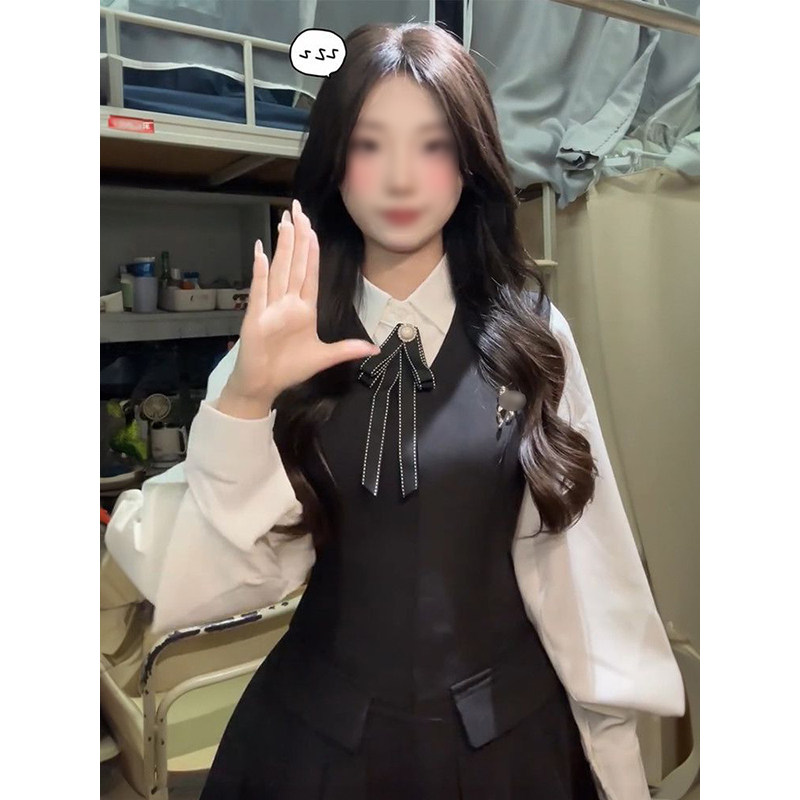 日系学院风穿搭一整套装氛围感黑色高腰背带连衣裙叠穿白色衬衫女