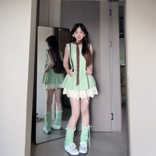 拼接上衣女搭配高腰杏色半身裙单件套装 百搭甜美少女风小飞袖