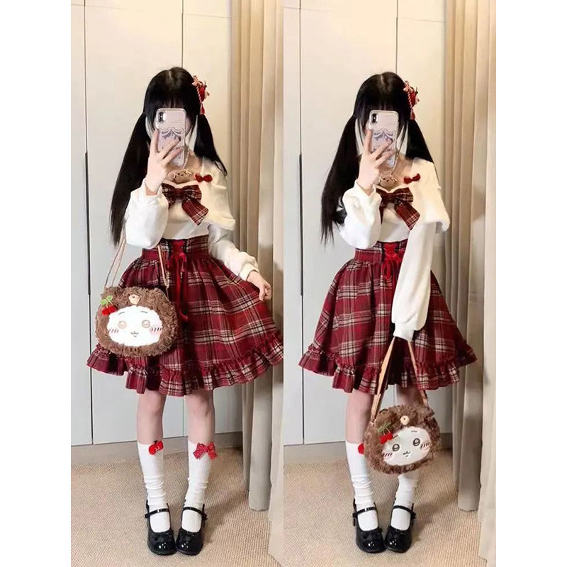 日系高级感可爱少女风新年红格子蝴蝶结连衣裙冬季新款假两件短裙,女装/女士精品,连衣裙,淘宝优惠券,粉丝福利购,淘宝优惠卷