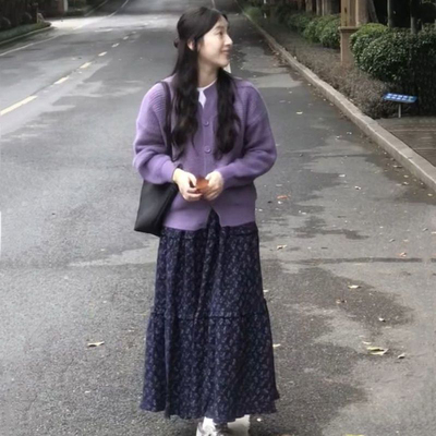 开衫外套女+碎花半身裙两件套装