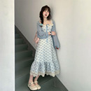 女两件套装 温柔风气质收腰显瘦娃娃领碎花连衣裙搭配蓝色防晒开衫