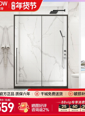 箭牌淋浴房一字黑色极窄形卫生间干湿分离隔断移门防爆玻璃沐浴房