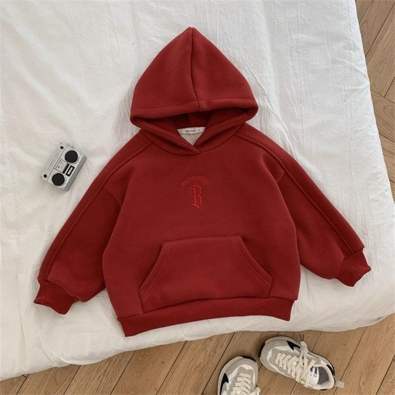儿童连帽卫衣男女童宝宝加绒加厚套头衫秋冬季百搭松弛感红色上衣