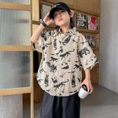 港风翻领衬衣潮帅气时髦大童上衣 夏季 童趣波普风男童短袖 印花衬衫