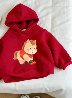 2025新款可爱童装0-6岁男女童洋气百搭圆领卫衣红色喜庆新年上衣