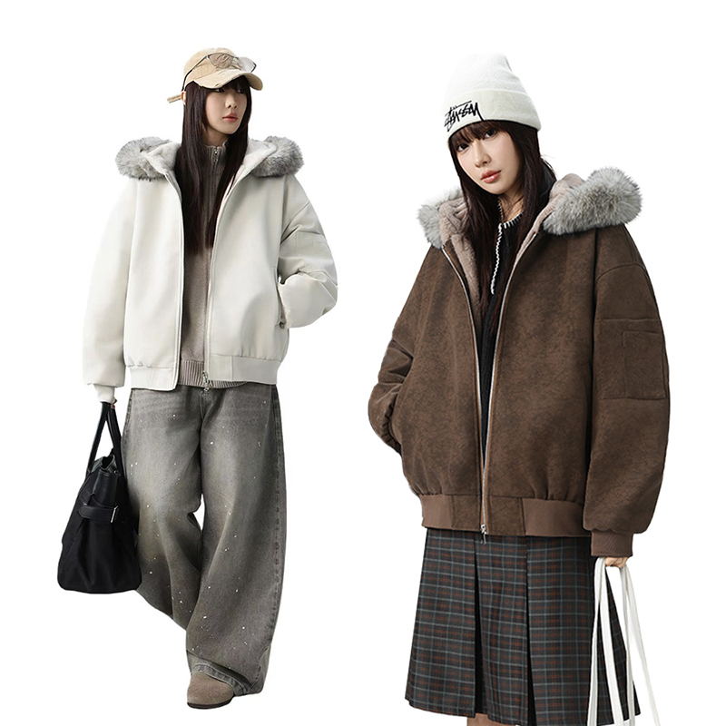 【小乐专享】1MANRESHOW 毛领连帽加绒外套可拆卸毛领