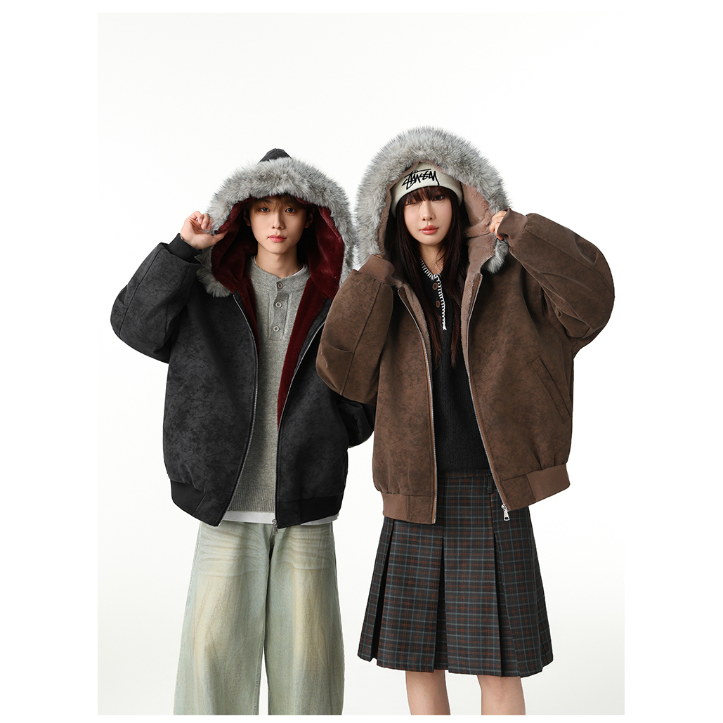 【小乐专享】MANRESHOW 毛领连帽加绒外套可拆卸毛领