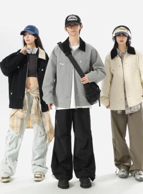 2024新款秋装男女同款日系翻领刺绣夹克短款宽松潮牌外套