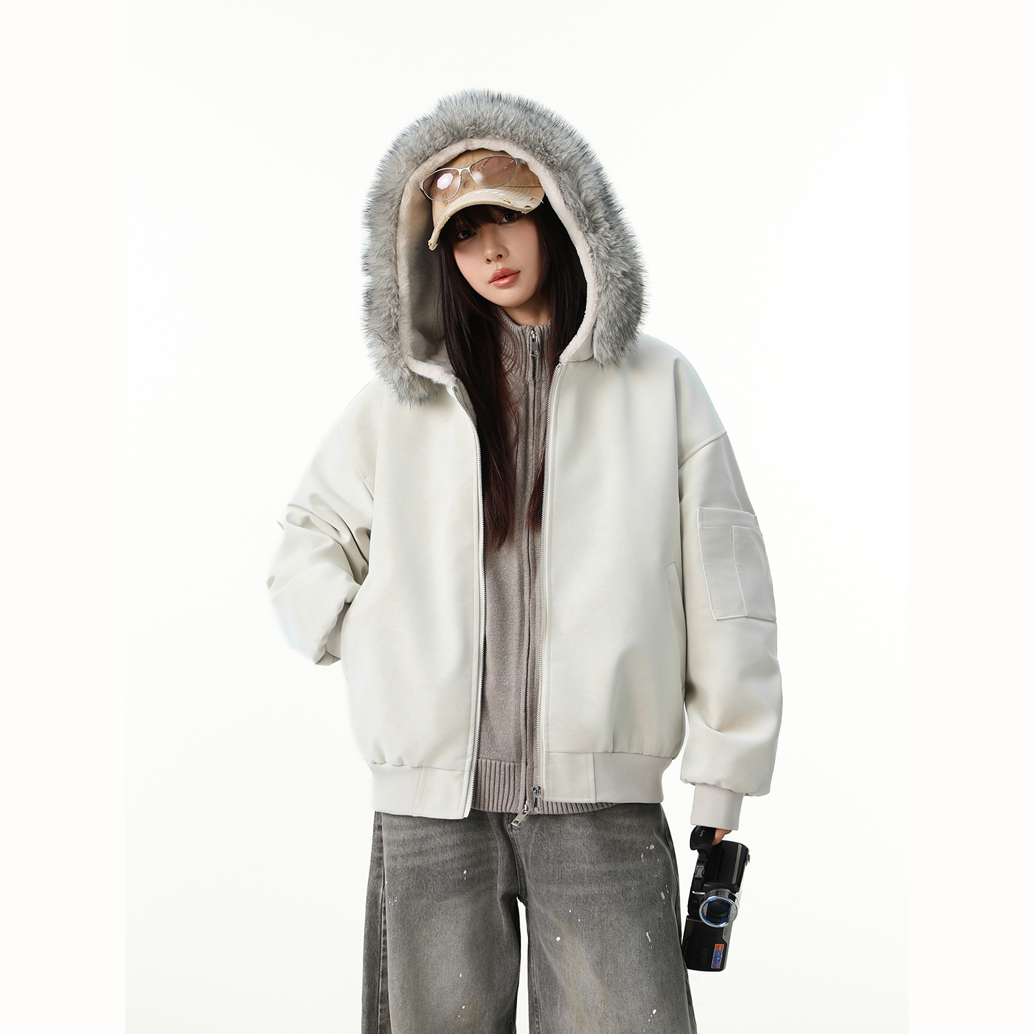 MANRESHOW 毛领连帽加绒外套可拆卸毛领