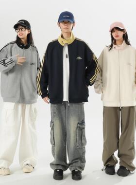 秋季情侣插肩袖刺绣立领夹克宽松美式撞色运动毛呢外套